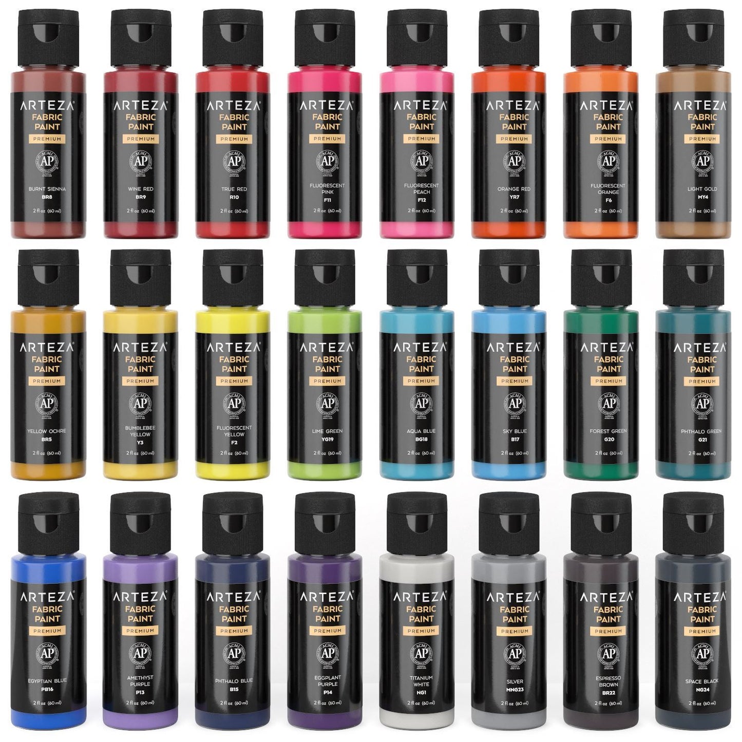 Set 24 Pintura Textil 60ml Arteza Color Básico Metal Bote