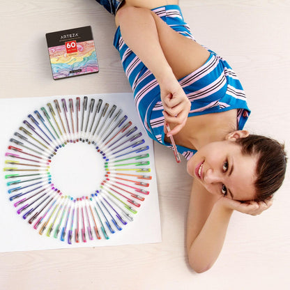 Set 60 Plumas Gel Metalicos Glitter Neon Pastel Arteza