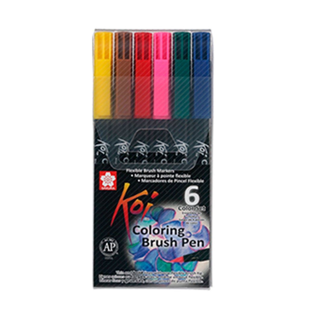 KOI - Estuche con 6 marcadores tipo pincel colores básicos