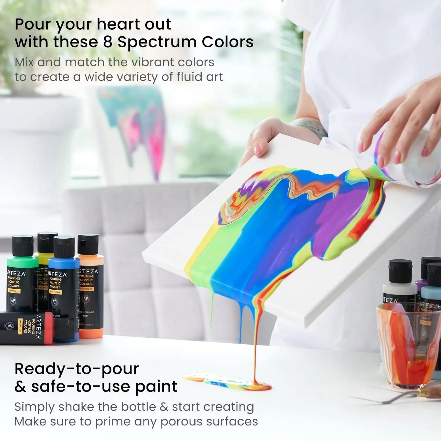 Set de 8 Pintura Acrílica Fluido Pouring Vertido Espectral Arteza - Arteza - accesorios
